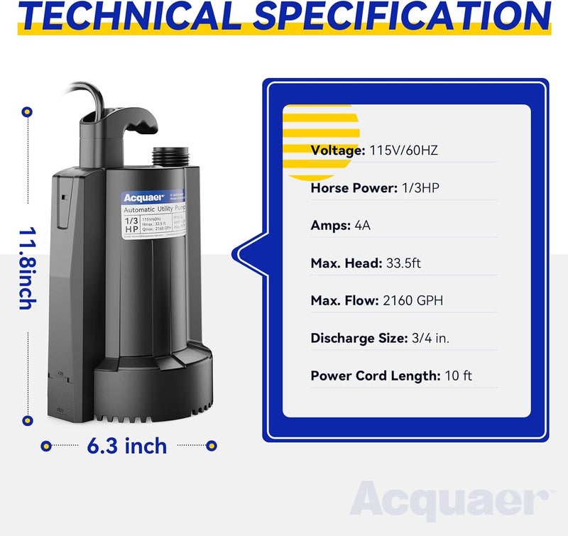 Acquaer Submersible Water Pump 1/3 HP 2160 GPH Sump Pump High Flow Utility Pump Removal for Swimming Pool Cover Hot Tubs Flooded House Basement with 10ft Long Power Cord, 115V Automatic Water Pump - Image 2